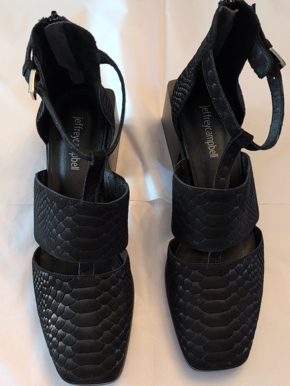 Jeffrey Campbell Douglas Black Textured Square-Toe Ankle Strap Heels